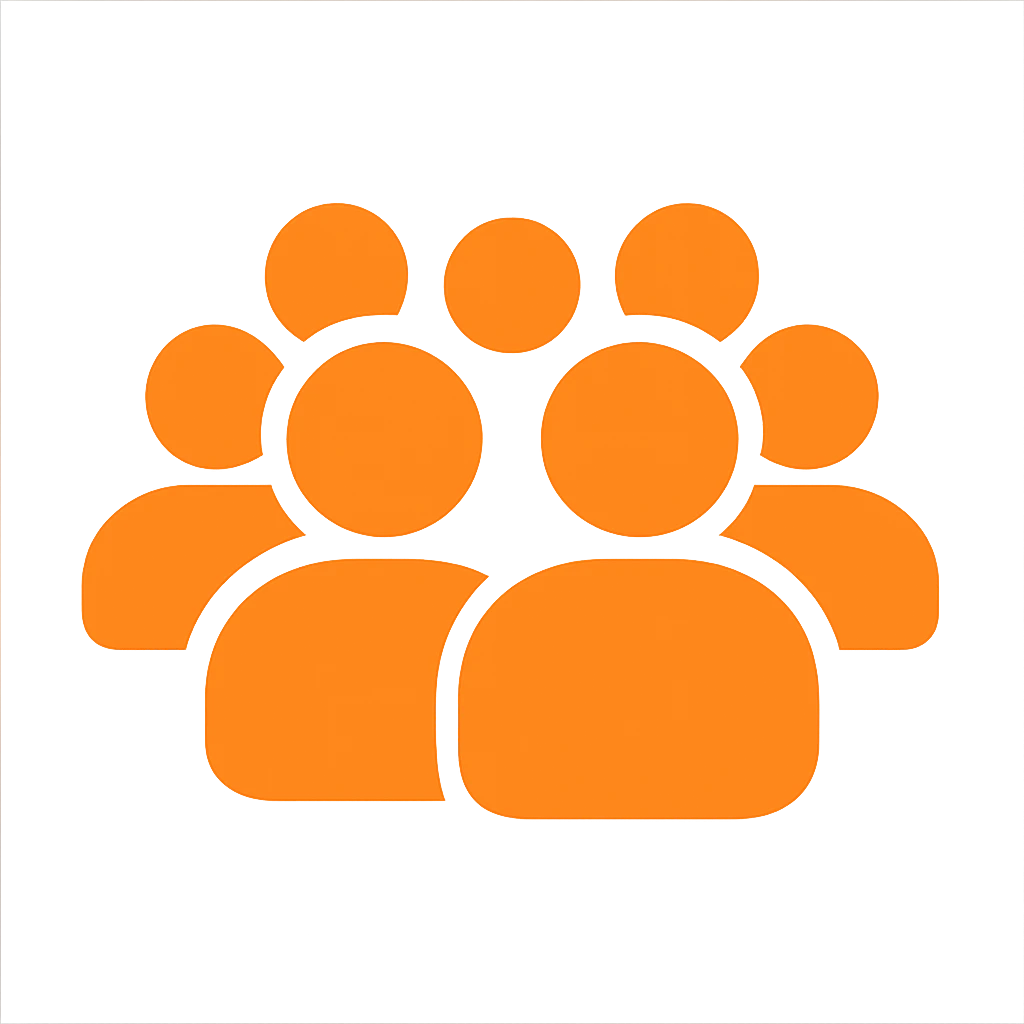 Increase the number of people inside the silhouette, ensure the shape is fully filled with no borders, and the color is exactly orange #fe6601, with a transparent background. emoji