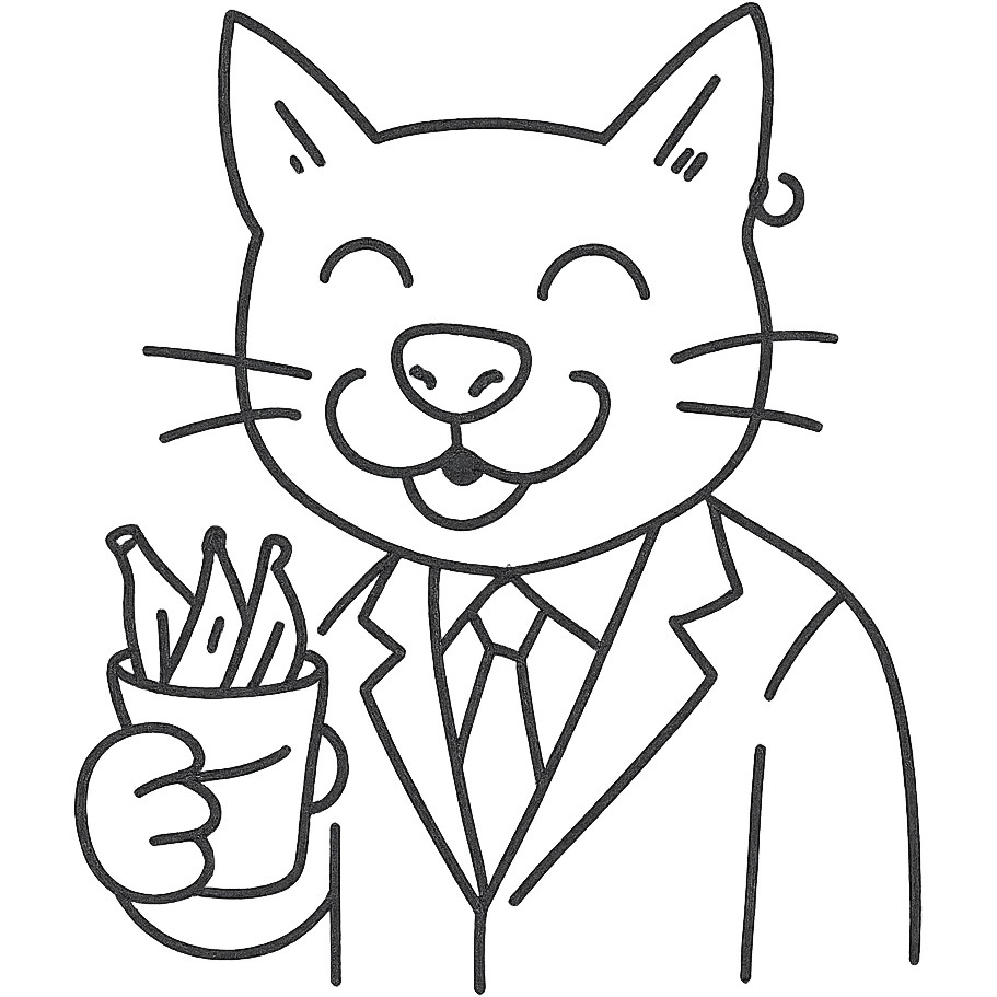 cat with a dog nose, wearing a suit, earring, holding a cup of bananas, playful expression emoji