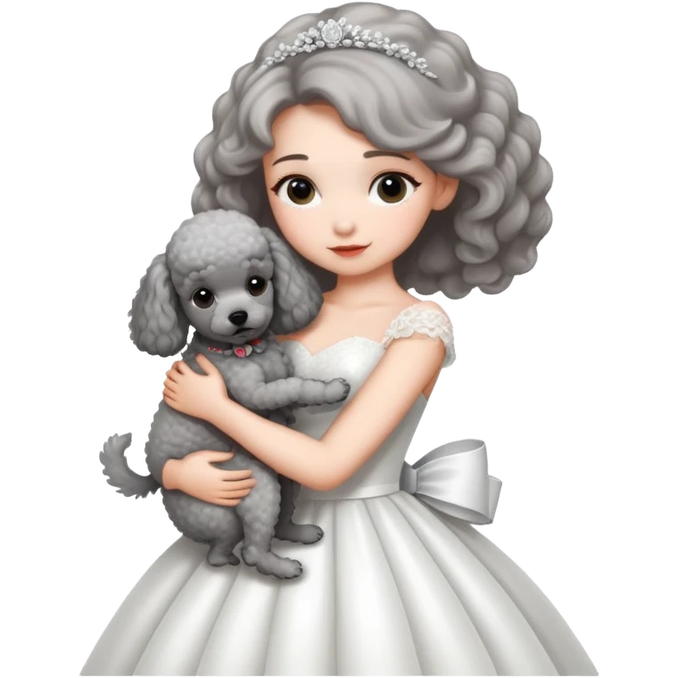 beautiful girl in a wedding dress hugging a small gray poodle emoji