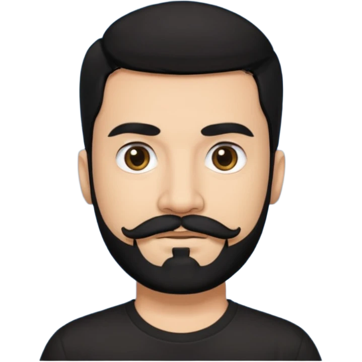 Man, hispanic skin, black hair, black beard, black mustache black eyes black t shirt emoji