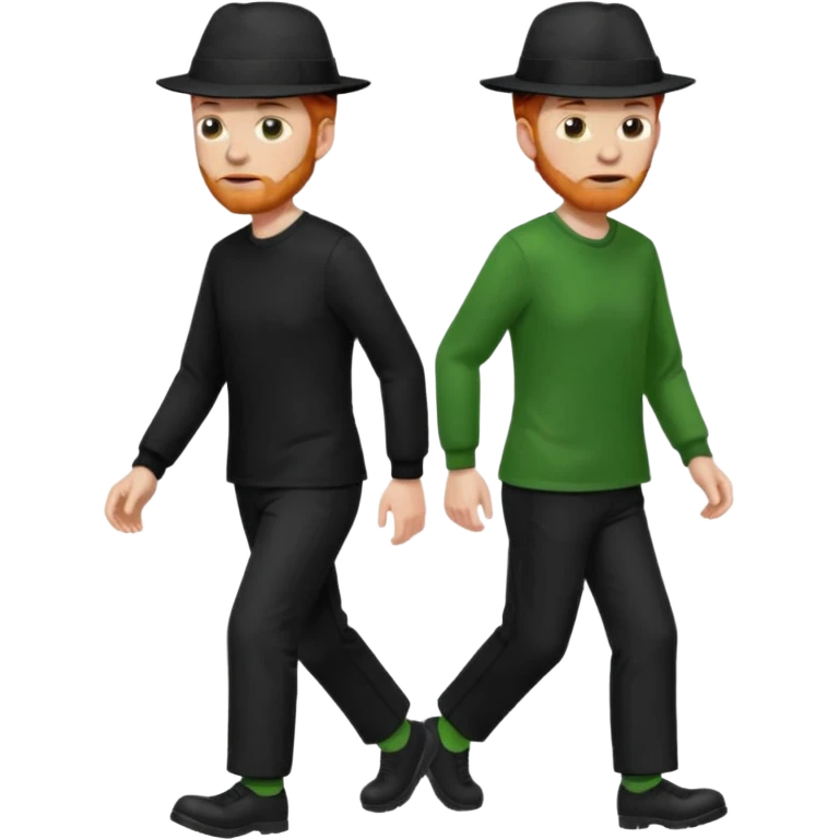 גבר זקן ג'ינג'י מלא כובע שחור הפוך חולמה שחורה ומכנסיים ירוקות ארוכות מבצע צעידה במקום  emoji