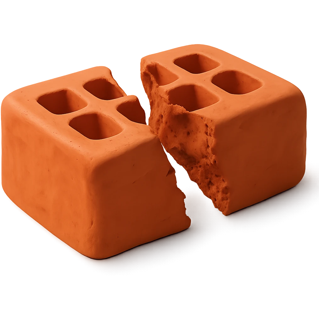 Make the clay brick broken in half with visible jagged edges, maintaining the claymation style, and remove the background. emoji