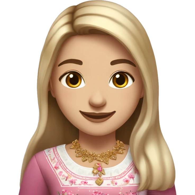 Slavic girl, white skin, brown eyes, black-to-blonde ombre straight tail, smiling with teeth, wearing beautiful blouse with a folk pattern of small pink flowers, a gold necklace. emoji