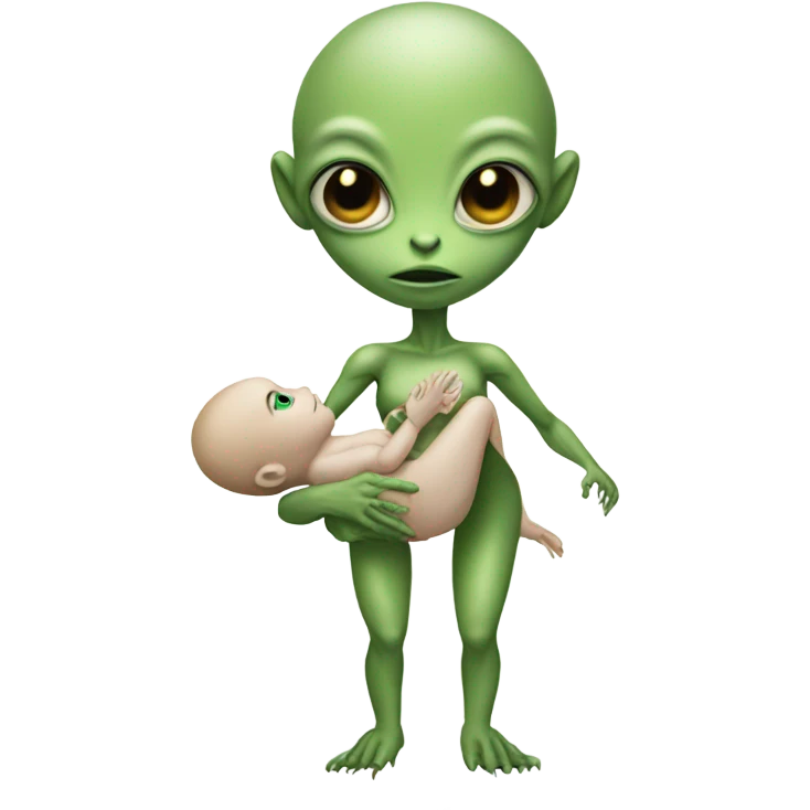  Reptilian alien woman , full body,  holds a newborn white "humman no alien baby" emoji