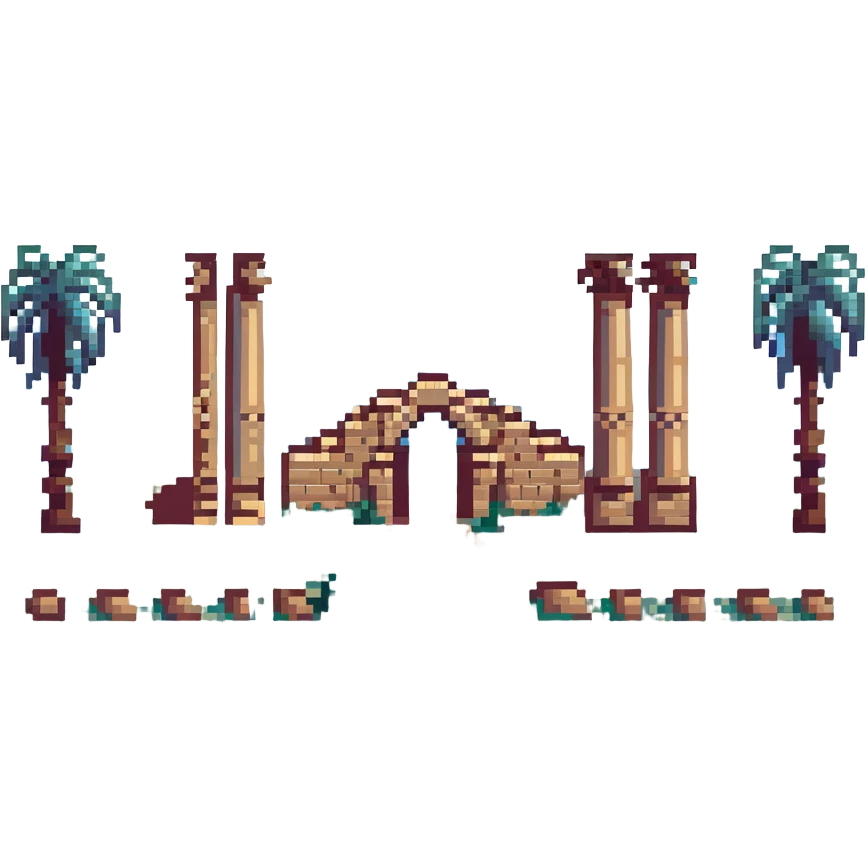 pixel art of the ancient ruins of Carthage with palm trees emoji