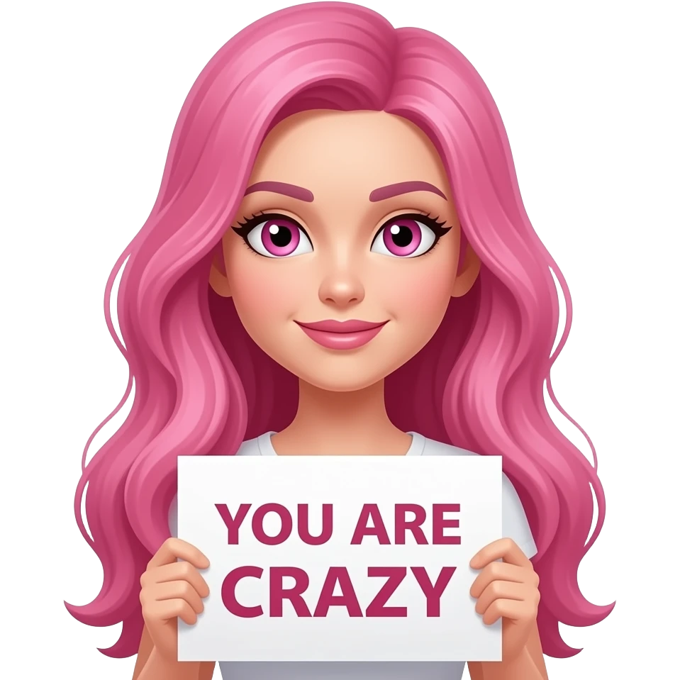 sexy girl with long pink hair and pink eyes wearing a holding a YOU ARE CRAZY sign emoji