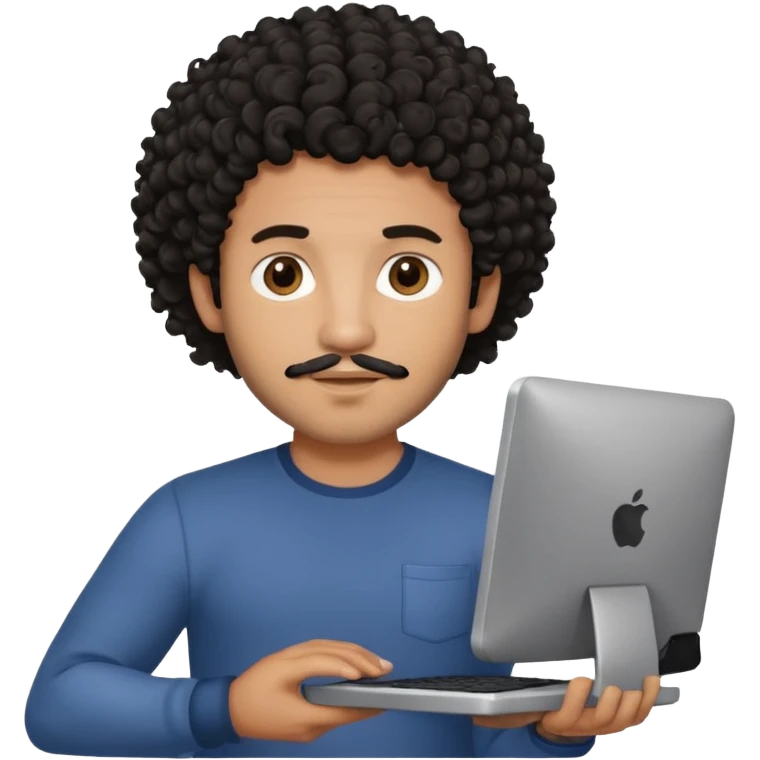 men holding his computer in hands. light brown skin men with curly black hair, dark brown eyes, little grown beard. ust a tiny bit muscular. dressed casual. round face. Dont Apple book  emoji