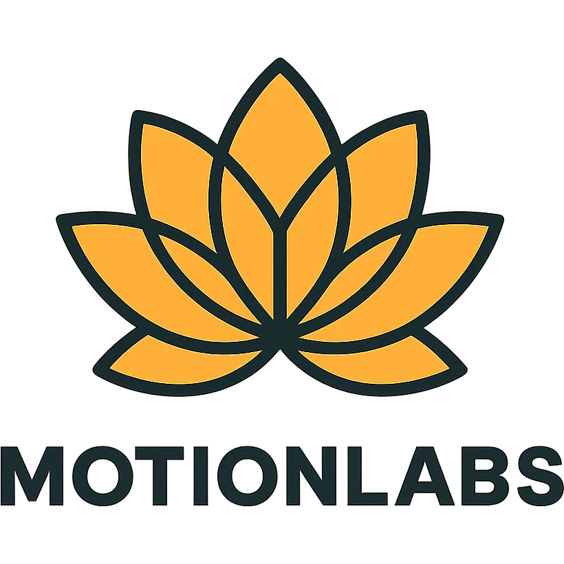 luxury logo for MotionLabs with geometric lotus symbol, colors #ffa31a, #292929, #1b1b1b emoji
