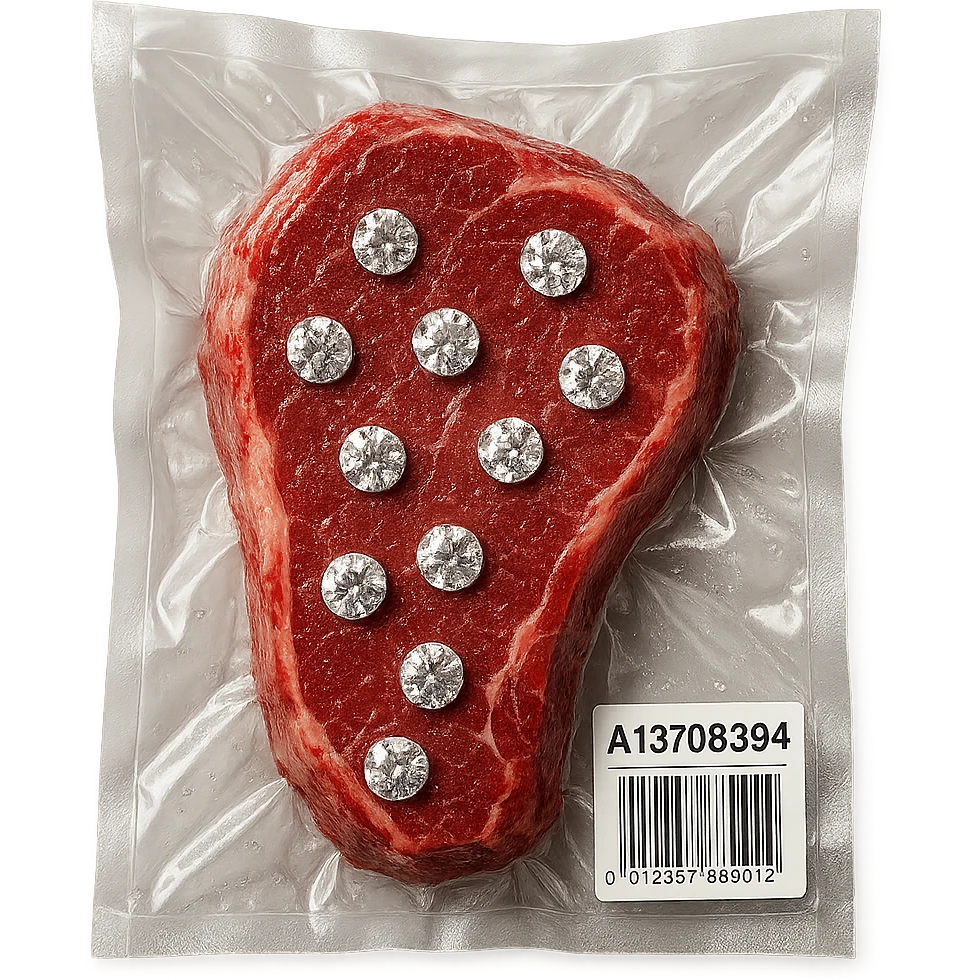steak with sparkling diamonds embedded, glossy and puffy, vacuum-sealed style emoji