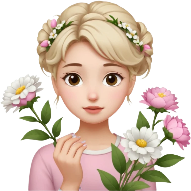 emojis.com a-girl--sitting--near-various-bouquets-of-flowers-,-white-and-pink-flowers-.-she-is-holding-a-single-white-flower-up-to-her-face,-her-hairstyle-is-slightly-messy-updo,-with-a-few-soft-strands-f (1) emoji