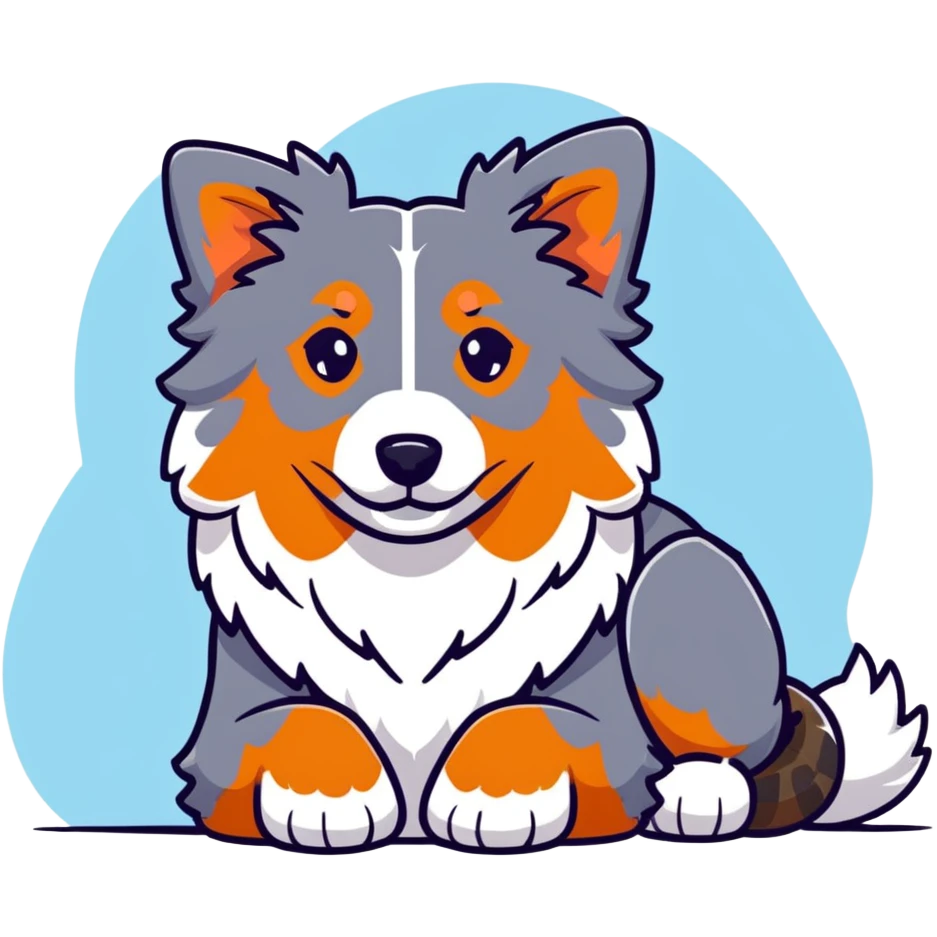 Merle Australian Shepherd dog laying down, spotted blue merle coat, fluffy fur emoji