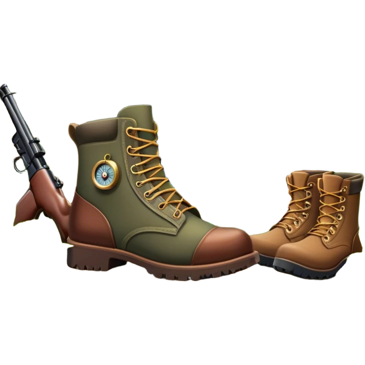 Icon for Hunting Tourism: a rifle, hunting boots, and a compass on a forest background, with a silhouette of wildlife in the distance. The icon should capture the adventure and connection with nature in hunting tourism. Transparent background. emoji