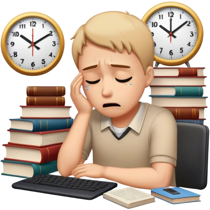 books, pc, clock looking stressed, suffering and crying emoji