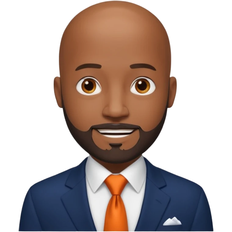 headshot of a sophisticated, stylish, bald head Caribbean black man with a beard and goatee in a navy blue suite, white shirt and dark orange tie with small eyes emoji