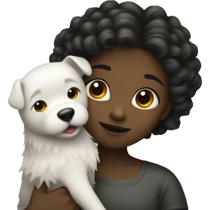 A girl with a dark square hugs a spitz emoji