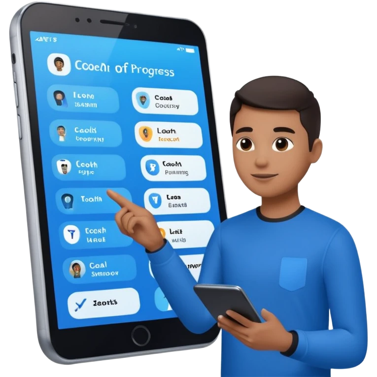 Create an image of an AI coach helping people set goals based on their hobbies. Show a person chatting with the AI, where the screen displays a list of steps and goals. Add elements of progress and personalization. Use a color palette that is associated with technology and innovation. emoji