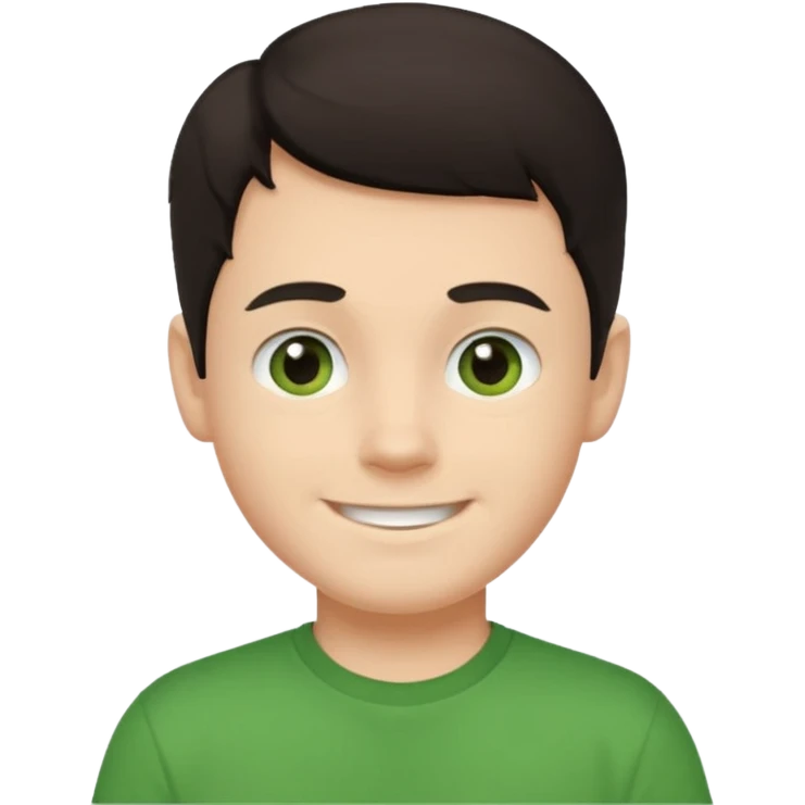 Um rapaz branco de olhos e cabelos escuros e camiseta verde emoji