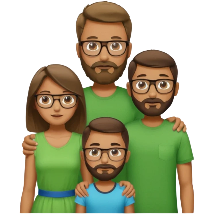 A family consisting of a man who's bearded, tanned, wearing glasses, a woman, slightly tanned, and a 14 year old teenage boy, slightly tanned, wearing a green t-shirt emoji