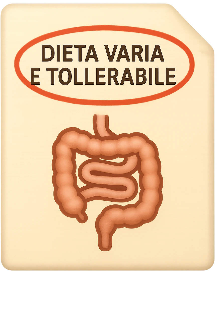 emoji stile iphone di un foglio con un INTESTINO disegnatO sopra e la scritta "DIETA VARIA E TOLLERABILE" CERCHIATA IN ROSSO, iperrealistico 4k, isolato su sfondo bianco emoji