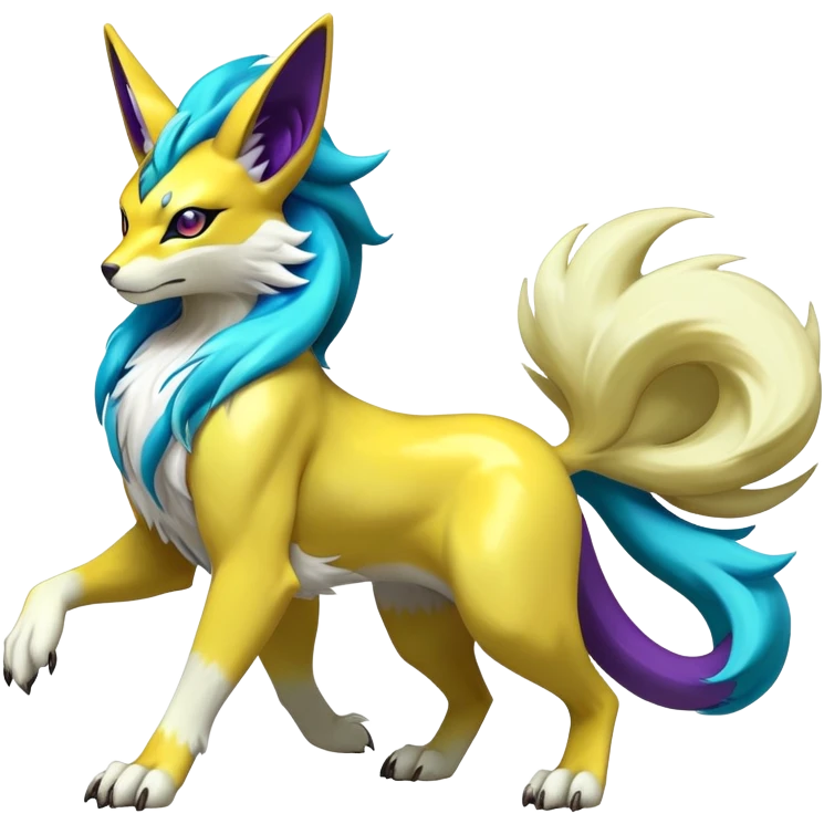 Shiny Elemental Exotic Renamon-Suicune-Raikou-Liepard-Persian-Pokémon-Fakémon-hybrid-creature (full body) emoji