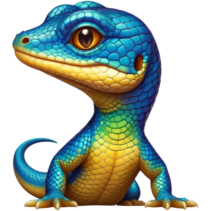 Cinematic Cute Monitor Lizard Portrait Emoji, Head tilted playfully and inquisitively, with a sleek, patterned body accented by vibrant hues and round, sparkling eyes full of wonder, Simplified yet irresistibly adorable features, highly detailed, glowing with a warm, friendly glow, high shine, affectionate and lively, stylized with a touch of exotic charm, bright and endearing, soft glowing outline, capturing the essence of a mischievous yet captivating lizard that seems as if it could scuttle out of the screen into your arms! emoji