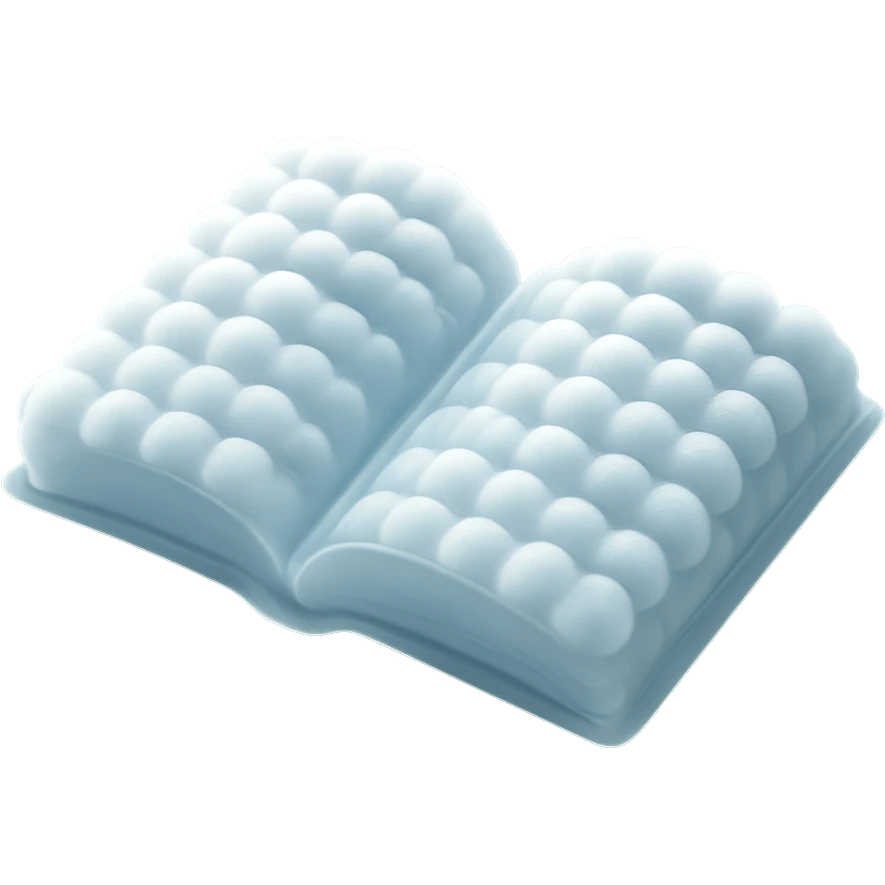 top view of a thick open book made entirely of small, very bright white fluffy convex clouds, matte glass style emoji