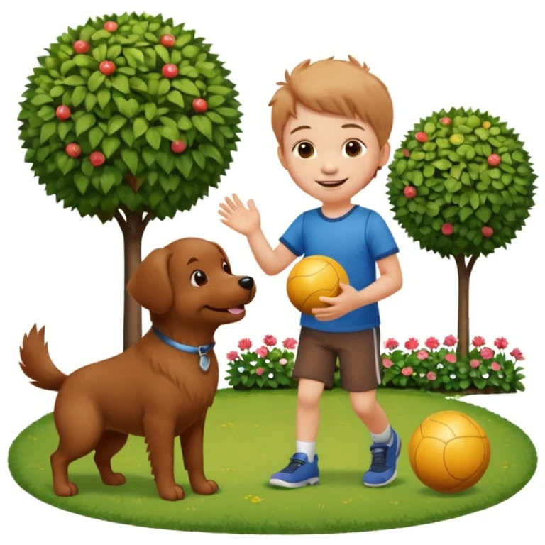 kid and dog playing with ball, garden background emoji