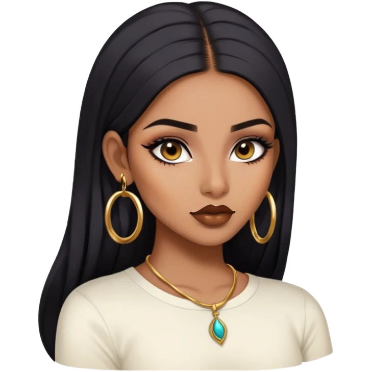 indian girl, brown skin, long black voluminous hair, brown underneath colored hair, baddie,pretty, makeup, lipliner, black eyeliner, gold hoop earrings, white top emoji