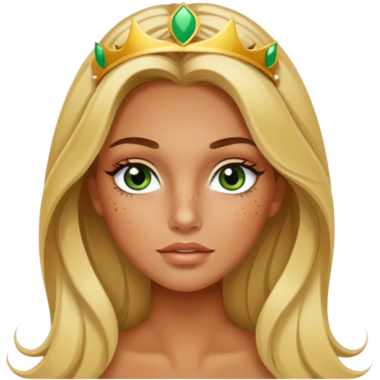 miss universe tanned girl with very long blonde brown hair and green brown eyes and freckles along her nose and cheeks and long eyelashes emoji