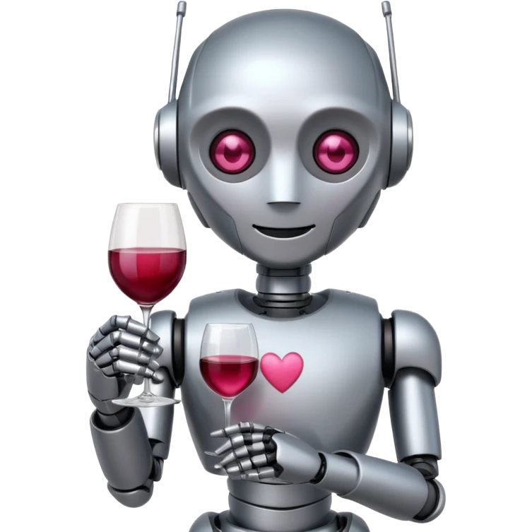 Un robot elegante con vino en la mano y una sonrisa tímida y unos ojos de corazónes rosas emoji