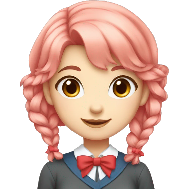 Girl short coral pink hair, blue eyes, red bow, Grayish brown school uniform, collar, red bow on the collar, happy, red bow emoji