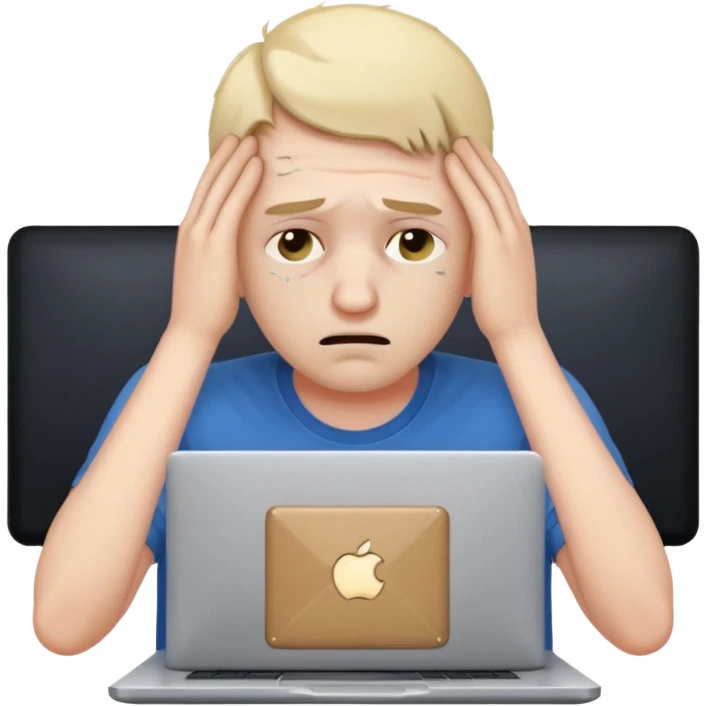 programmer holding his head, stressed, bruises under his eyes, with a laptop emoji