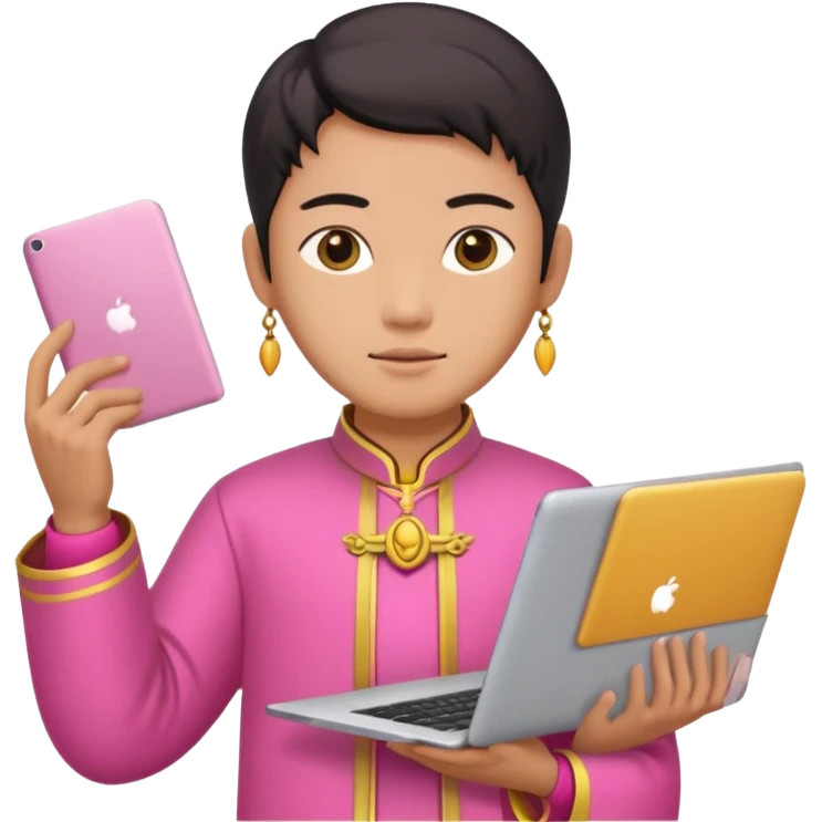 chinese god with laptop, pink emoji