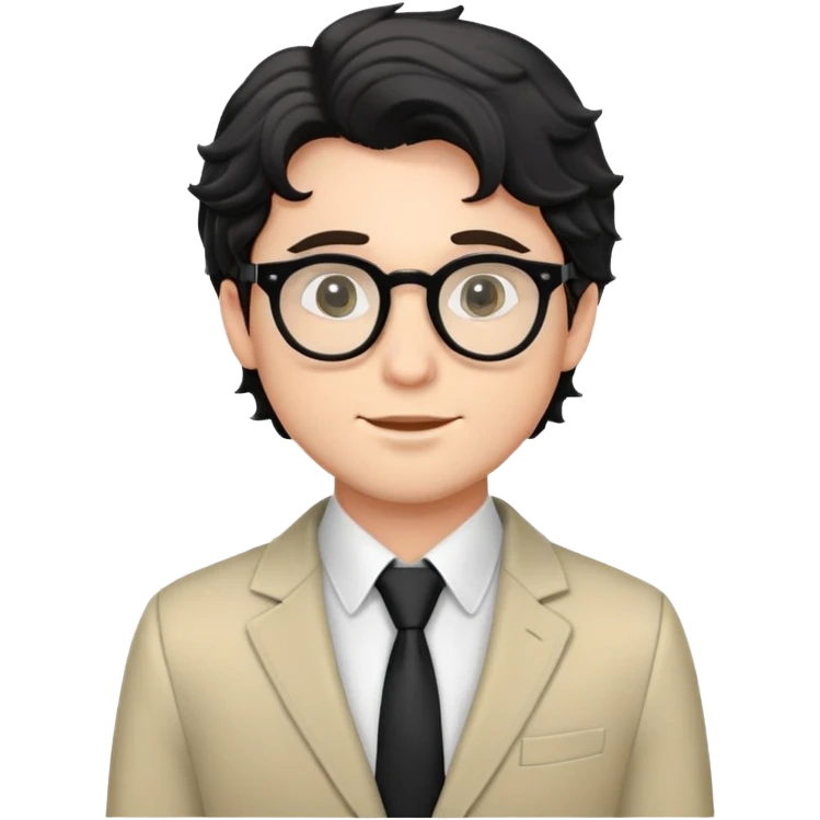 Young caucasian man with black wavy hair, round glasses, semi-formal theater outfit with blazer and collared shirt emoji