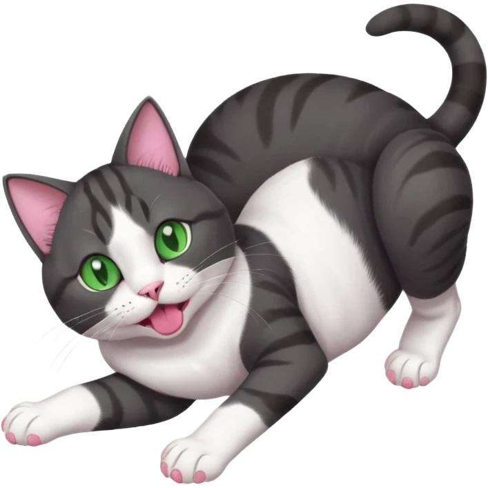 beautiful female solid dark grey cat with green eyes, white toes/paws and white patch on her chest playfully rolling upside down emoji