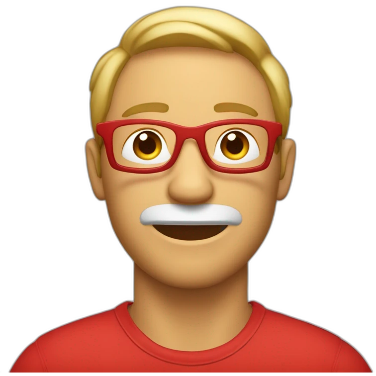 Hombre gordo ligeramente canoso con gafas sin montura y un polo rojo emoji