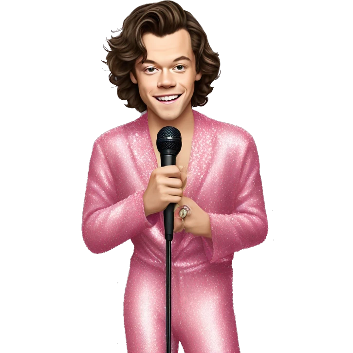 singer Harry Styles in a pink sparkly jumpsuit holding a microphone emoji