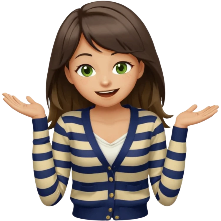 Gorgeous brunette girl green eyes, striped cream and navy blue cardigan and cream shirt, with swoop bangs and long hair having fun, laughing with mouth closed eyes squinted closed, hand on stomach laughing emoji