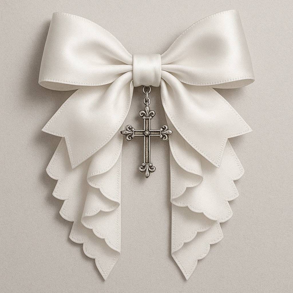 Edit the image to depict a white gothic bow with layered ribbons and a cross pendant in a general style. emoji