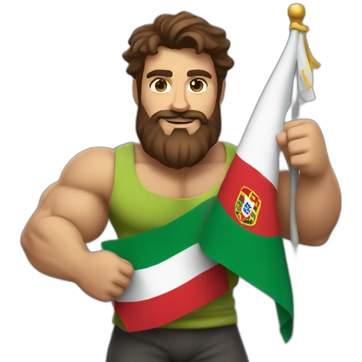brown hair and beard guy with big muscles holding a portugese flag emoji