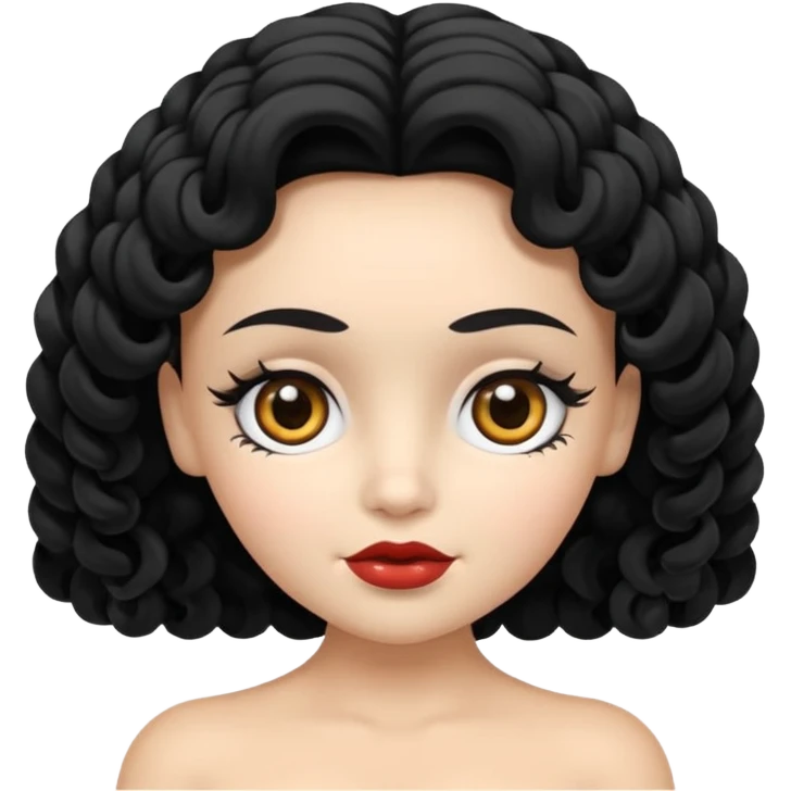 faça uma boneca branca, dos olhos pretos, cabelo preto médio com ondas leves emoji