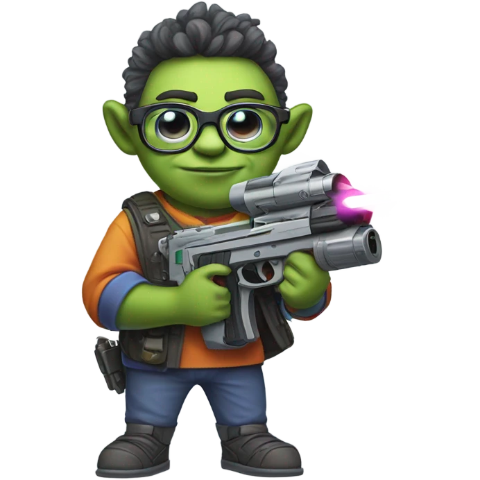 Nerdy short gay troll holding a laser emoji