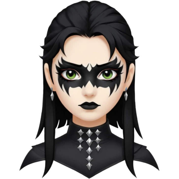 Crea una ragazza con stile black metal,  paint face black metal, capelli neri mossi dalle spalle e occhi bianchi e un collare con borchie a punta emoji