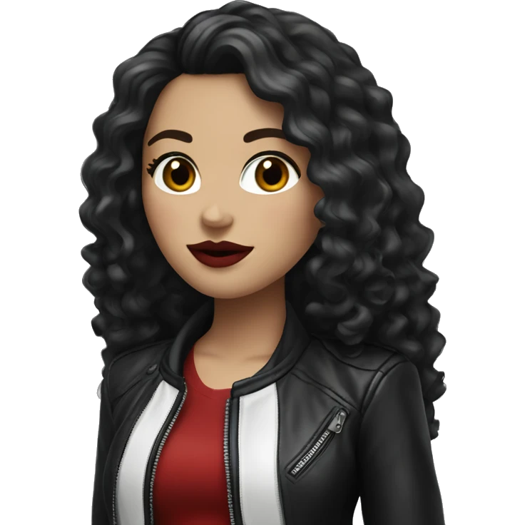 White girl, with long curly black hair, with red lipstick, wearing leather jacket emoji