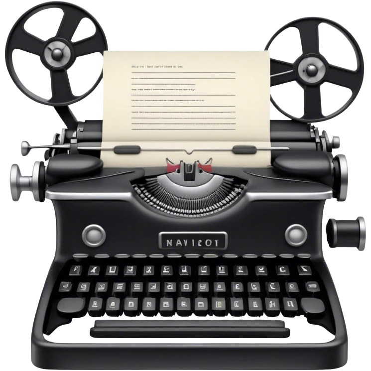 Create an emoji representing screenwriting. The design should feature an open script with visible dialogue and action lines, symbolizing the writing of a screenplay. Include a classic typewriter to signify the process of creating a script. Add a movie camera next to the script to emphasize the cinematic aspect of screenwriting. Use a professional color palette with black, white, and subtle metallic tones. Do not include any emojis or smiley faces. Make the background transparent. emoji
