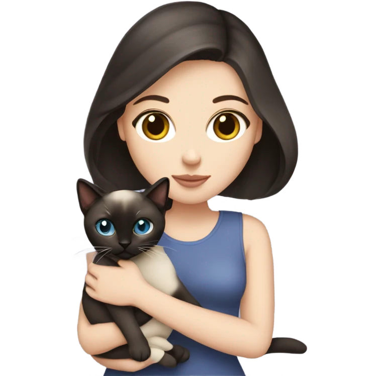 A white girl with dark hair is holding a Siamese cat emoji