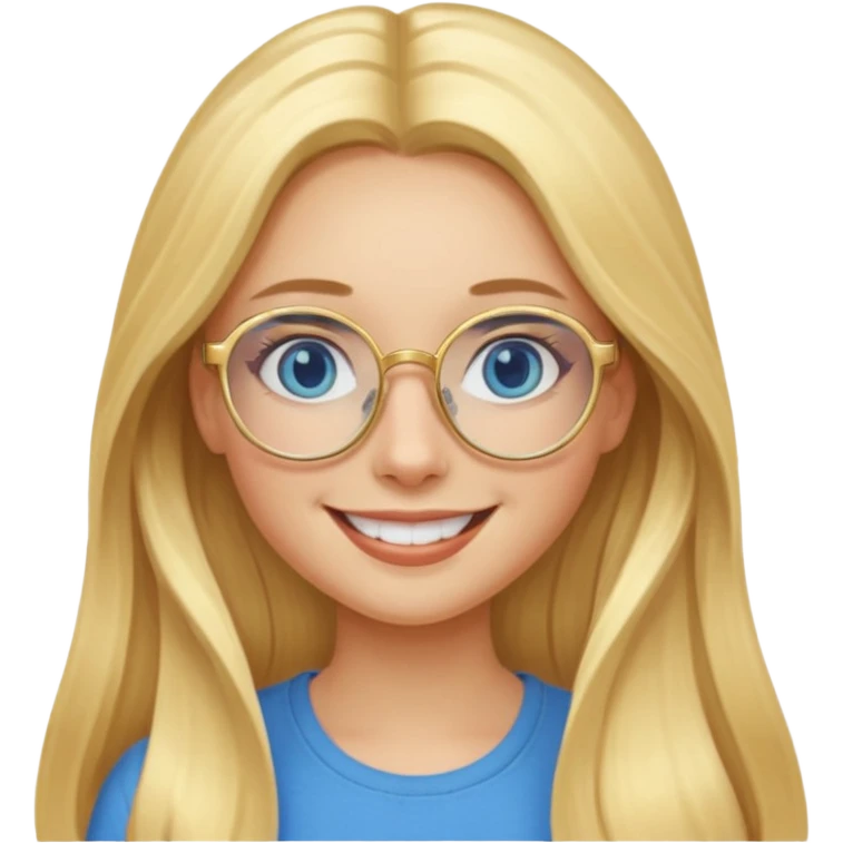 une fille blonde cheveux longs au yeux bleus avec des lunette dorée assez grande joyeuse  emoji
