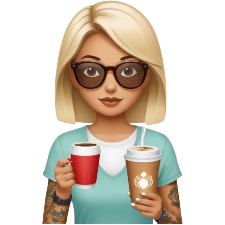 gözlük takan, dövmeli ve elinde kahve tutan, yaz kıyafetli bir kadın emoji