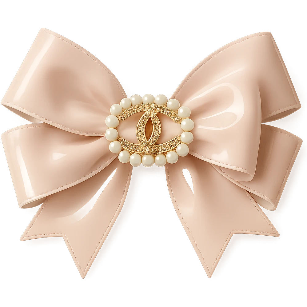 Add a solid white background behind an elegant bow with pearls and a gold Chanel logo, in a glossy, pastel colors, realistic style with soft reflections and highlights. emoji