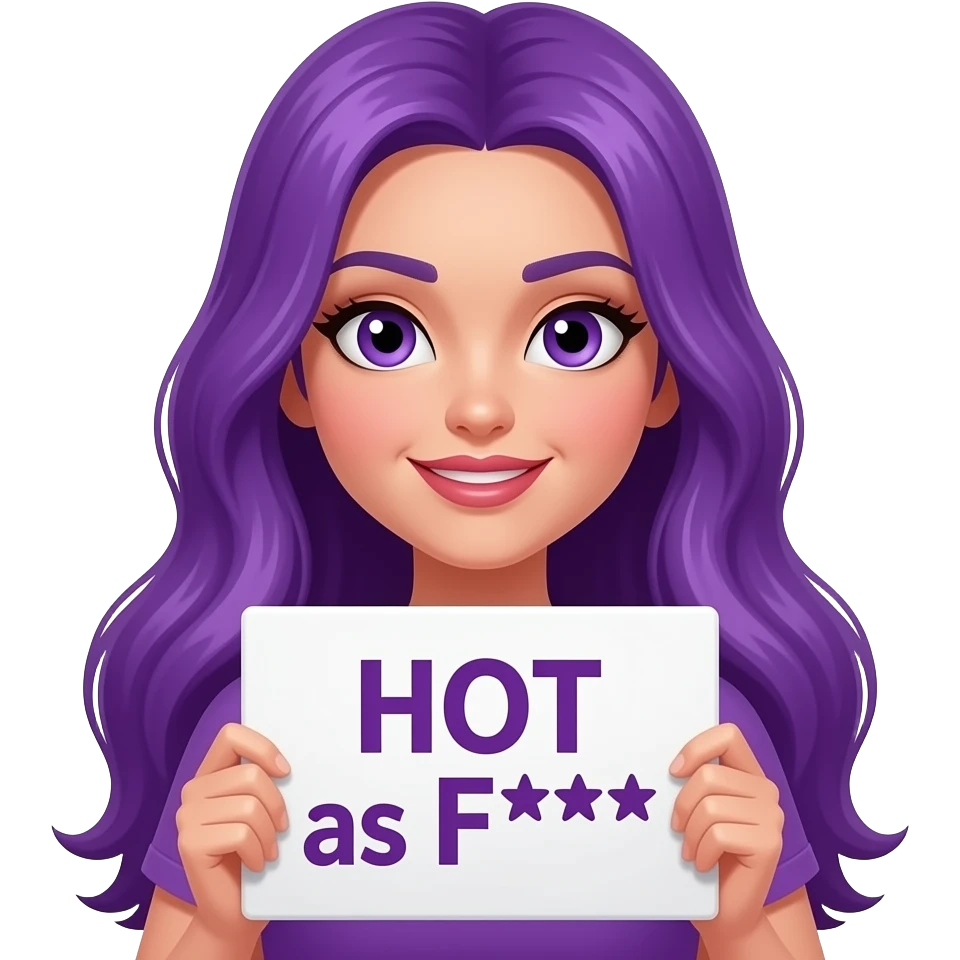 sexy girl with long purple hair and purple eyes holding a HOT as F*** sign emoji